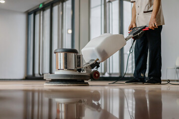 cleaning floor with machine