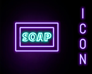 Glowing neon line Bar of soap icon isolated on black background. Soap bar with bubbles. Colorful outline concept. Vector