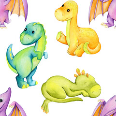 Watercolor seamless pattern, on an isolated background. Dinosaurs, in cartoon style, different colors.
