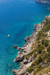 View of the coastline of the island of Capri, Italy, with one of its seaside rock formations known as the Faraglioni, vertical photo