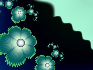 Green fractal image as background with flower. Creative element for design. Fractal flower rendered by math algorithm. Digital artwork for creative graphic design.