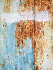texture old blue painted metal plate nailed rusting and crumbling