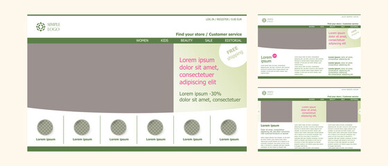 simple universal web page cover design in green eco natural color. website layout template social media cover with menu, navigation, copy space. commercial fresh vector banner, vertical presentation