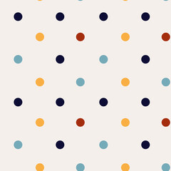 Vector illustration. Seamless pattern. Colored circles dark blue, yellow, turquoise and burgundy on a beige background. For printing on fabric and paper.