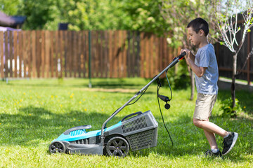 Boy worker on the garden working on mowing the lawn with the help of a modern lawn mower near a country house - obrazy, fototapety, plakaty