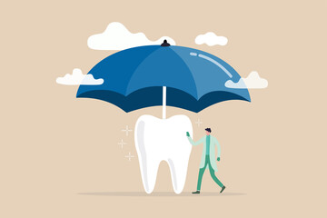 Dental insurance covering healthcare and medical cost, tooth protection or dental care concept, dentist standing with strong clean tooth with big umbrella cover or protect from storm above.