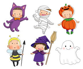 ハロウィンの仮装をした子供セット