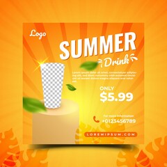 Summer drinks social media post template. Promotional banner design with stage and leaf illustration. Usable for social media, cards, signs, banners, and websites.