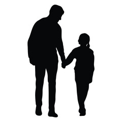 Silhouette of a father and child holding hands. Male silhouette with little girl vector illustration.