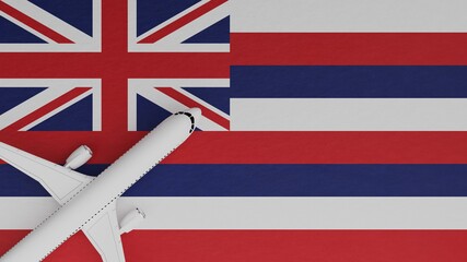 Top Down View of a Plane in the Corner on Top of the US State Flag of Hawaii