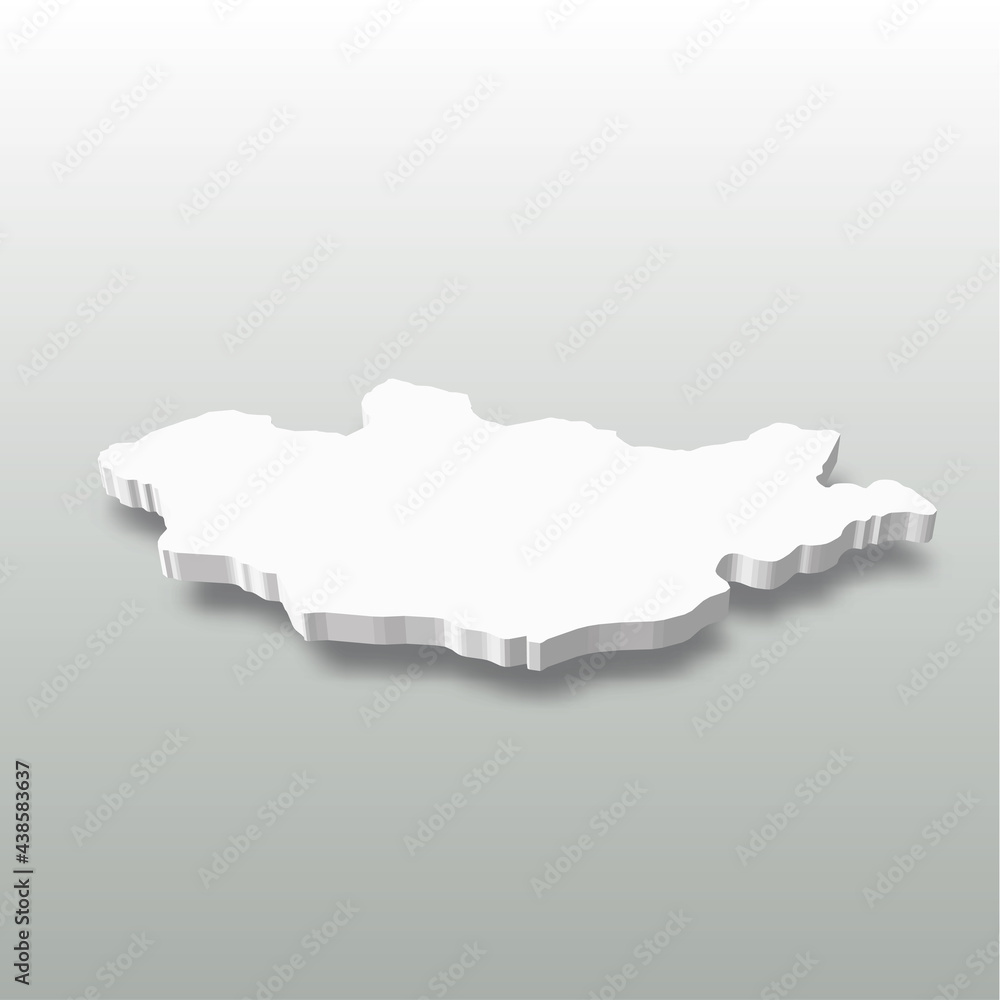 Sticker Mongolia - white 3D silhouette map of country area with dropped shadow on grey background. Simple flat vector illustration.