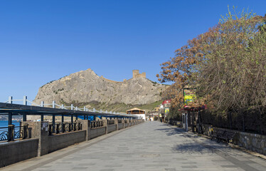 An empty embankment in the small resort town of Sudak, Crimea.