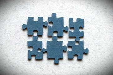 Six elements of the puzzle lie side by side separately uncoupled. White background. Vignette effect