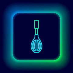 Glowing neon line Kitchen whisk icon isolated on black background. Cooking utensil, egg beater. Cutlery sign. Food mix symbol. Colorful outline concept. Vector