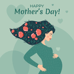Mother's day celebration card. Beautiful young pregnant woman with flowers in her hair.
