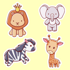 set of cute african animals, lion, elephant, giraffe, zebra, cartoon style