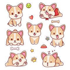 cute corgi dog set, flying, sleeping, sitting, hunting, cartoon style