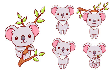 set of cute koala in various poses, cartoon style