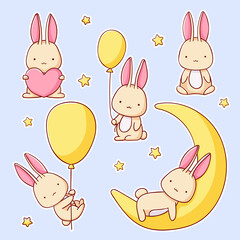 set of cute bunny in various poses, cartoon style