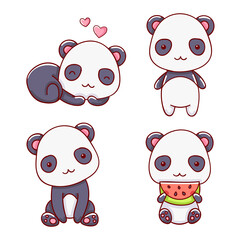 set of cute panda in various poses, cartoon style