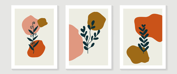 Botanical wall art vector set. Foliage line art drawing with abstract shape.  Abstract Plant Art design for print, cover, wallpaper, Minimal and  natural wall art. Vector illustration.