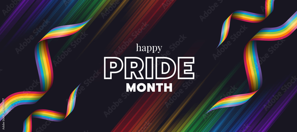Poster happy pride month text and rainbow pride ribbons stripe wave on light stripe rainbow texture and dar