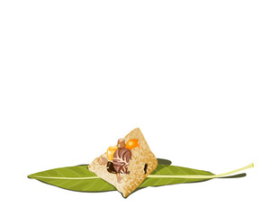 Isolated Zongzi on white background, a sticky rice dumpling on leaves . Close up hand drawing vector illustration. Chinese traditional food Dragon boat festival.