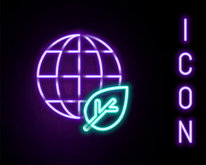 Glowing neon line Earth globe and leaf icon isolated on black background. World or Earth sign. Geometric shapes. Environmental concept. Colorful outline concept. Vector