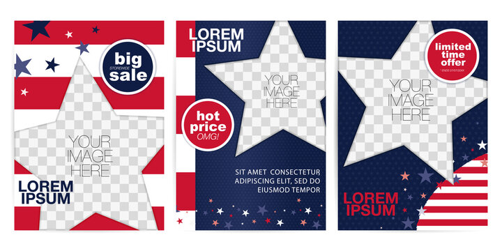 US flag inspired flyer template set for the 4th of July holidays. Sale labels and star picture frame mask vector design for a product photography in red, blue, navy and white colours.