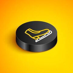 Isometric line Skates icon isolated on yellow background. Ice skate shoes icon. Sport boots with blades. Black circle button. Vector