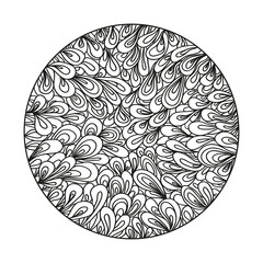 Zendala. Line background. Hand drawn mandala. Tribal texture. Monochrome vegetable floral pattern. Illustration for coloring. Design for spiritual relaxation for adults. Black and white wallpaper