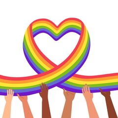 Diverse hands holding the lgbt rainbow flag. LGBTQ community, equality and homosexuality. Celebrating Pride Month Against Violence, Discrimination, Human Rights Violation. Isolated vector illustration