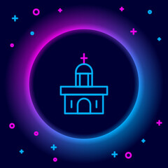 Glowing neon line Church building icon isolated on black background. Christian Church. Religion of church. Colorful outline concept. Vector
