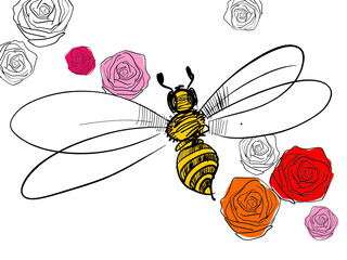 Bee. Yellow bee flies over flowers. Roses
