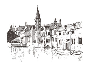Travel sketch of Bruges, Belgium.  Hand drawing of Bruges. Urban sketch in black color isolated on white background. Historical building line art. Freehand drawing. Hand drawn travel postcard.