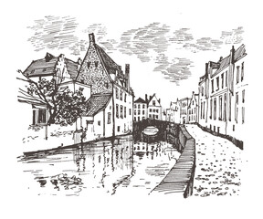 Obraz premium Travel sketch of Bruges, Belgium. Hand drawing of Bruges. Urban sketch in black color isolated on white background. Historical building line art. Freehand drawing. Hand drawn travel postcard.