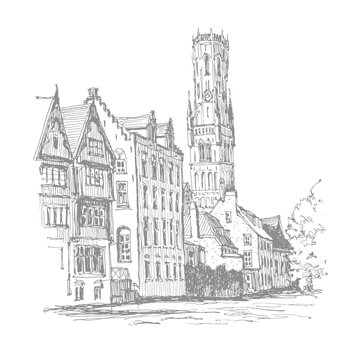 recommend clip art: Travel sketch of Bruges, Belgium.  Hand drawing of Bruges. Urban sketch in black color isolated on white background. Historical building line art. Freehand drawing. Hand drawn travel postcard.
