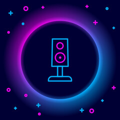 Naklejka premium Glowing neon line Stereo speaker icon isolated on black background. Sound system speakers. Music icon. Musical column speaker bass equipment. Colorful outline concept. Vector