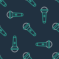 Line Microphone icon isolated seamless pattern on black background. On air radio mic microphone. Speaker sign. Vector