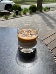 ice latte in a glass with ice outdoor