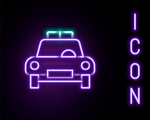 Fototapeta na wymiar Glowing neon line Police car and police flasher icon isolated on black background. Emergency flashing siren. Colorful outline concept. Vector