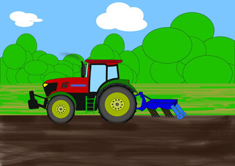 Ciągnik rolniczy wykonujący prace na polu uprawnym. - obrazy, fototapety, plakaty