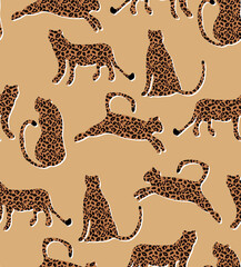 Textured Naughty Leopards Pattern Trendy Fashion Colors Minimal Concept Seamless Design Abstract Cartoon Cats