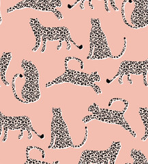 Textured Naughty Leopards Pattern Trendy Fashion Colors Minimal Concept Seamless Design Abstract Cartoon Cats