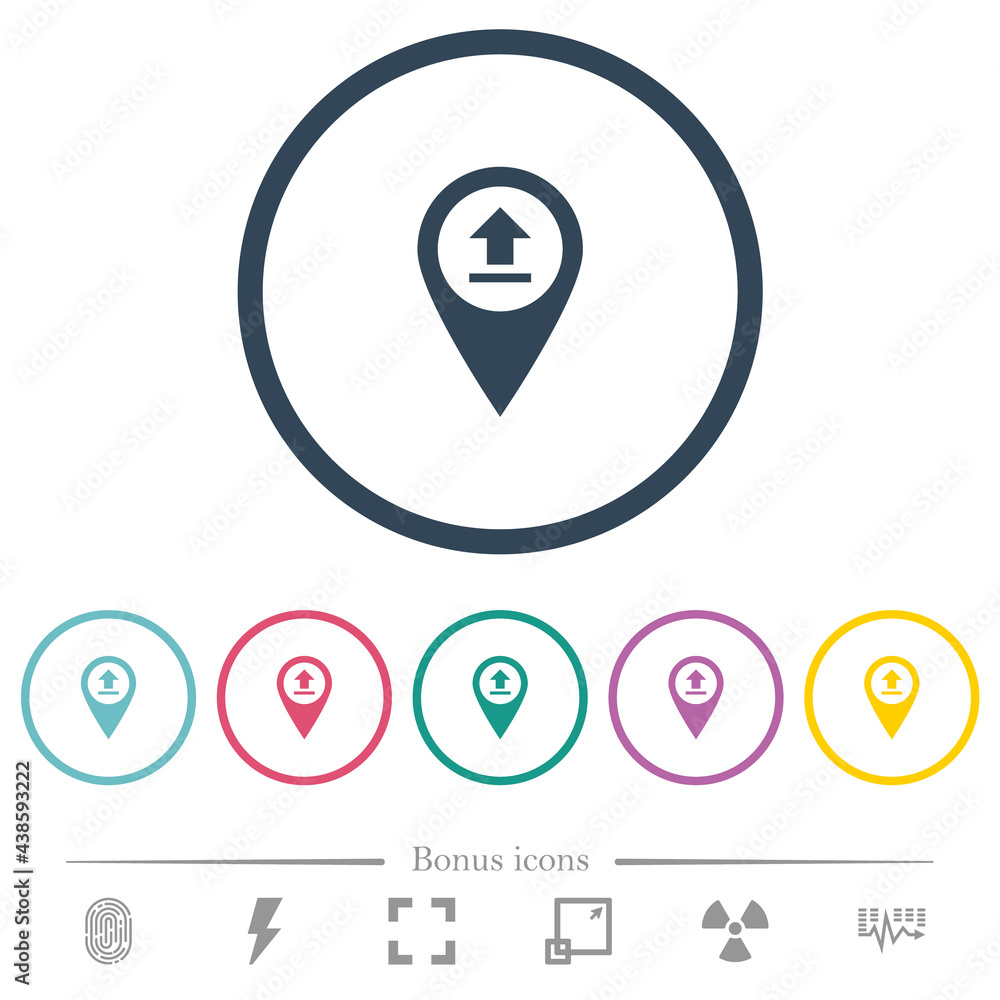 Poster upload gps map location flat color icons in round outlines