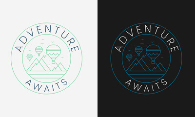 adventure awaits with air balloon and mountain and trees camping logo rounded badge with color variant for t-shirt design and many others, vector illustration