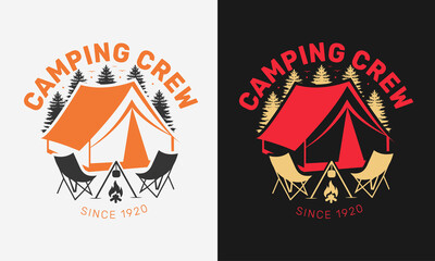 camping crew with trees and camp fire, chair camping logo emblem with color variant for t-shirt design and many others, vector illustration