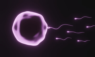 3D rendering. Pink microscopic sperm and egg cell.