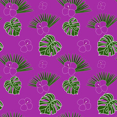 Naklejka premium Vector seamless floral tropical pattern with exotic palm leaves, hibiscus flowers and monstera style for fabrics, paper, textile, gift wrap isolated on pink background