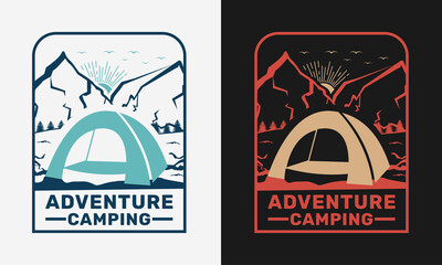 adventure camping, camp tent with mountains and sun rise camping logo label emblem with color variant for t-shirt design and many others, vector illustration